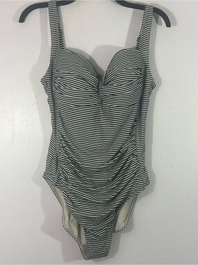 Nip Tuck Swim 1 Piece Swimsuit Size 12 Black White Striped Ruched Tummy Control